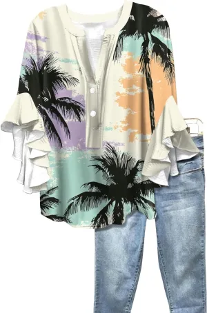 3/4 Length Sleeve Summer Workout Tops For Women, Womens V Neck Button-Down Shirts Ruffle Clothes Blouses