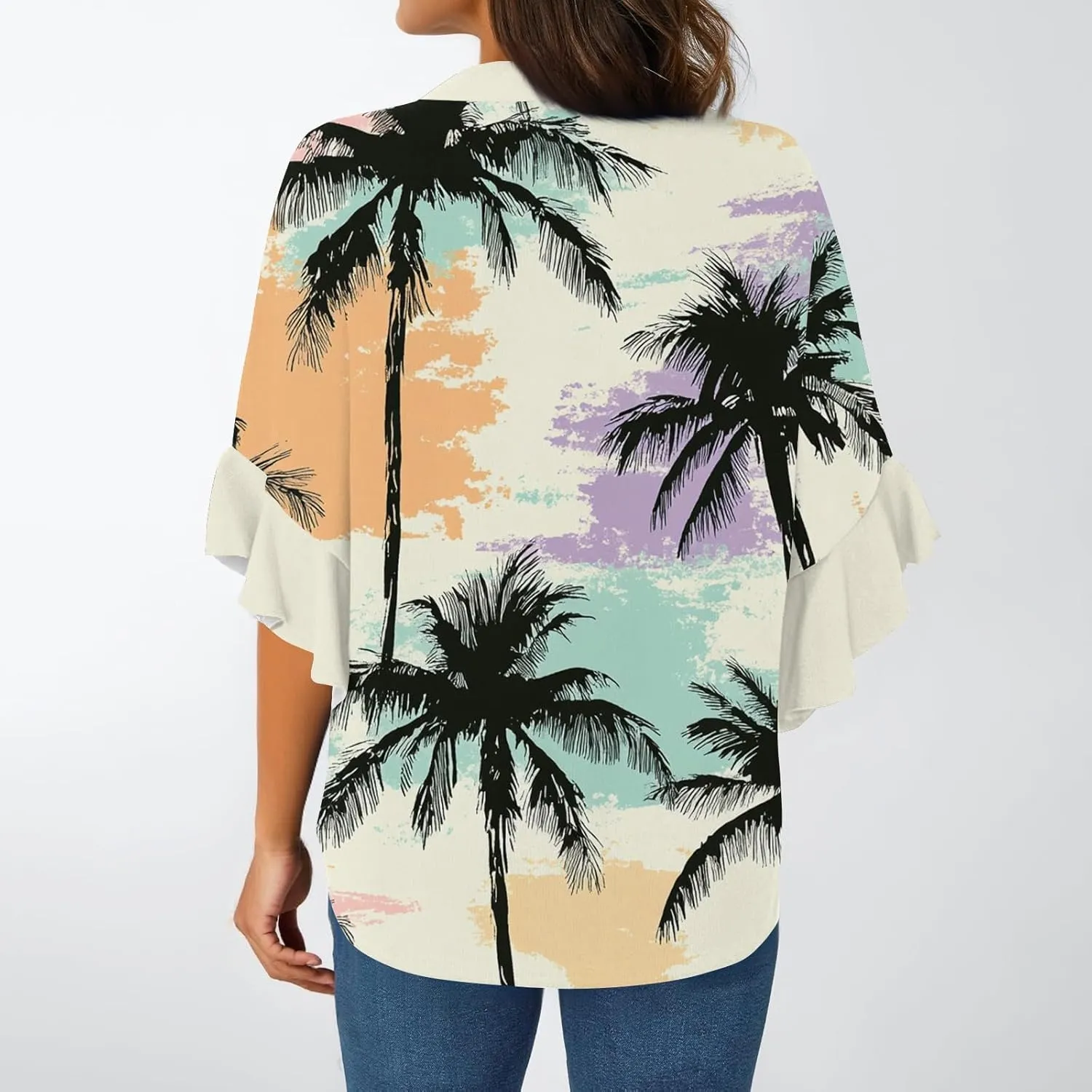 3/4 Length Sleeve Summer Workout Tops For Women, Womens V Neck Button-Down Shirts Ruffle Clothes Blouses
