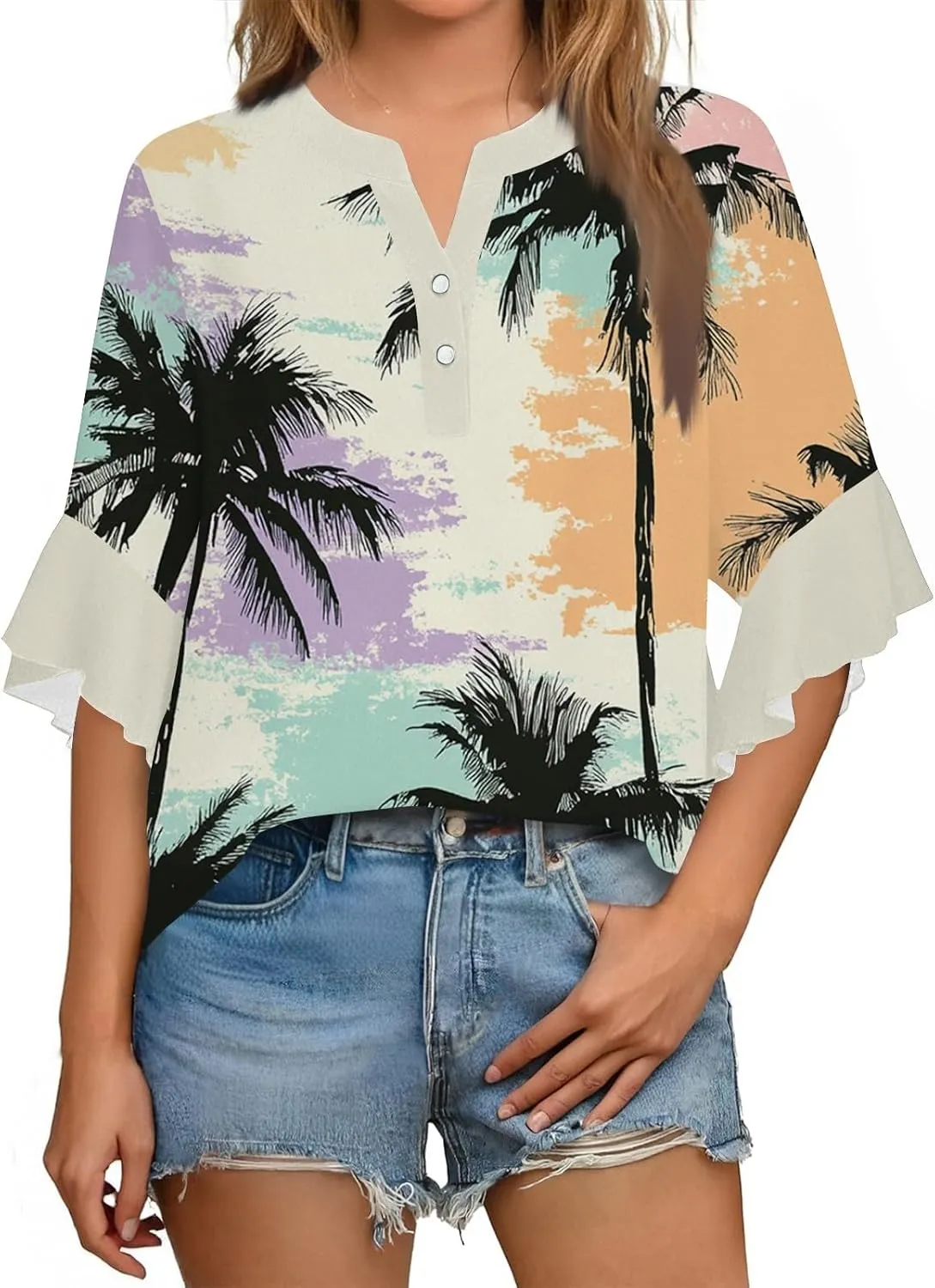 3/4 Length Sleeve Summer Workout Tops For Women, Womens V Neck Button-Down Shirts Ruffle Clothes Blouses