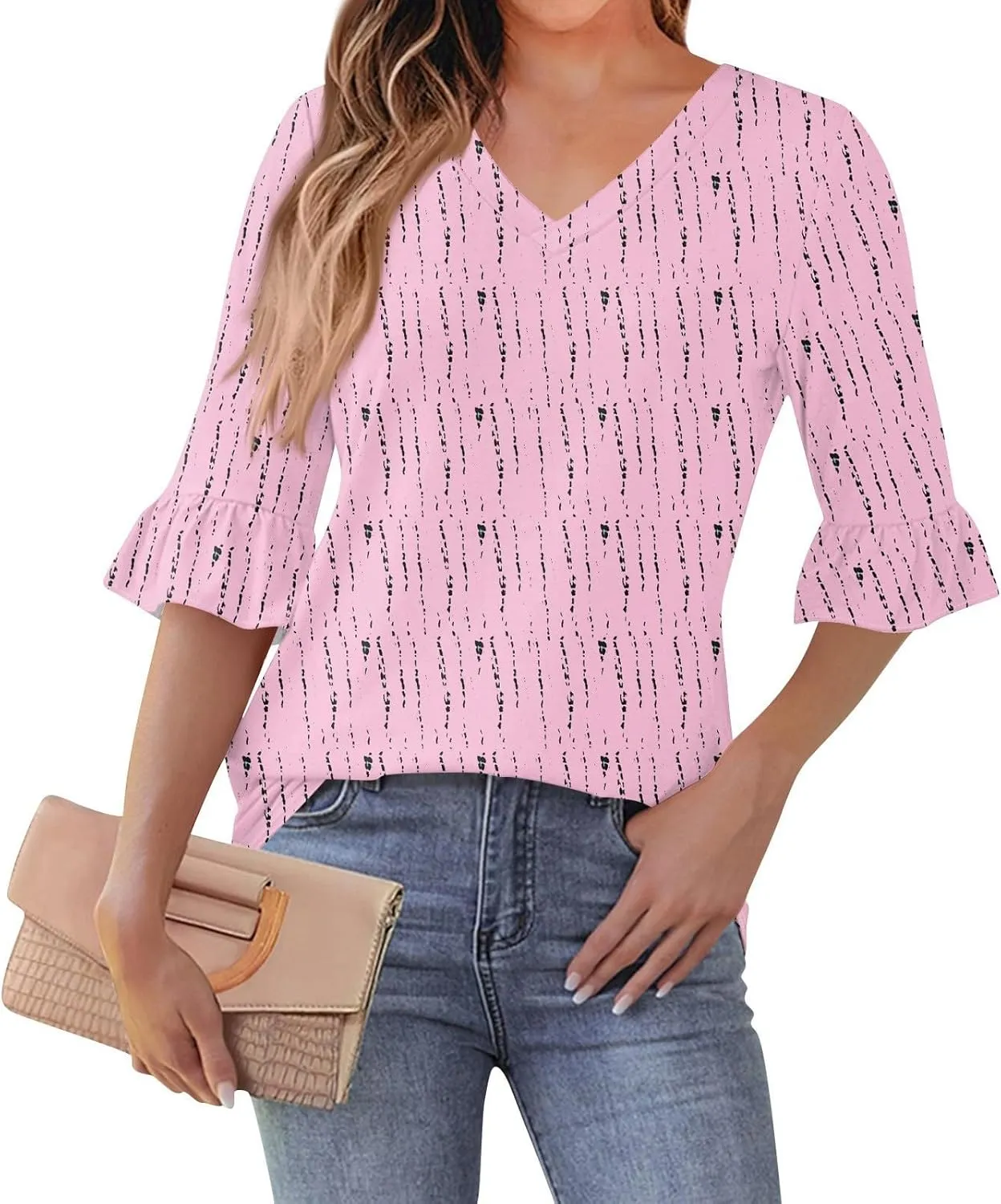 3/4 Length Sleeve Womens Tops Summer V Neck Tshirts Shirts For Women Ruffle Sleeve Baggy Half Sleeve Plus Size Blouse Tunic Graphic Tees Vacation Tie Dye Cotton Outfits Light pink M