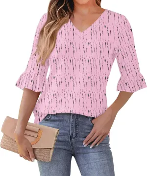 3/4 Length Sleeve Womens Tops Summer V Neck Tshirts Shirts For Women Ruffle Sleeve Baggy Half Sleeve Plus Size Blouse Tunic Graphic Tees Vacation Tie Dye Cotton Outfits Light pink M