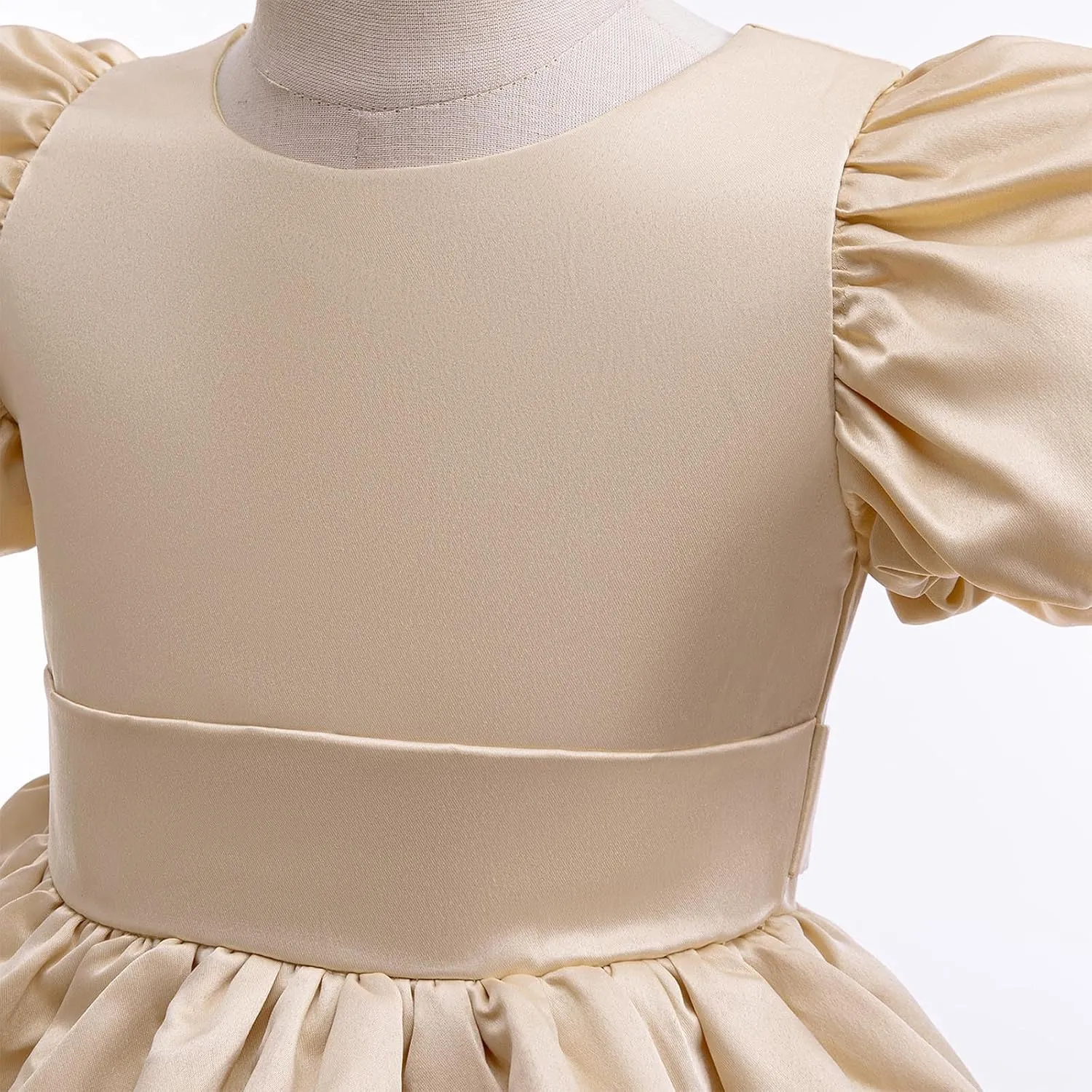 Baby Girl's Cotton Splicing Tulle Dress Short Puff Sleeve Princess Sundress Waist Cinched Party Ruched Dresses