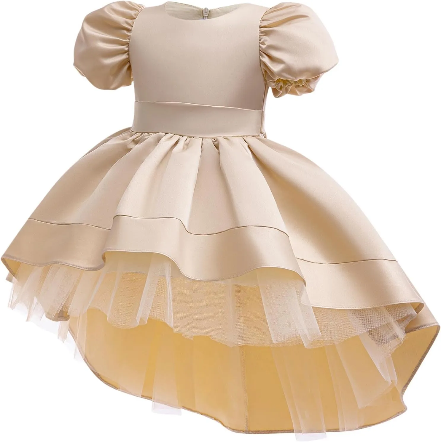Baby Girl's Cotton Splicing Tulle Dress Short Puff Sleeve Princess Sundress Waist Cinched Party Ruched Dresses