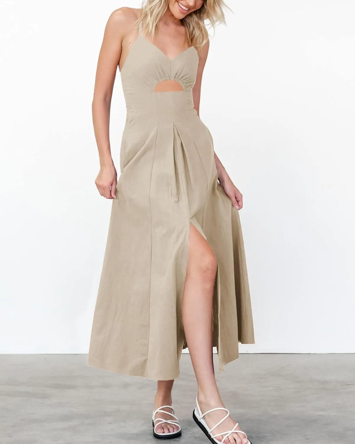 BTFBM Women 2025 Summer Spaghetti Strap Midi Dress Sleeveless V Neck Cutout Slit Casual Beach Party Maxi Dresses Pockets
