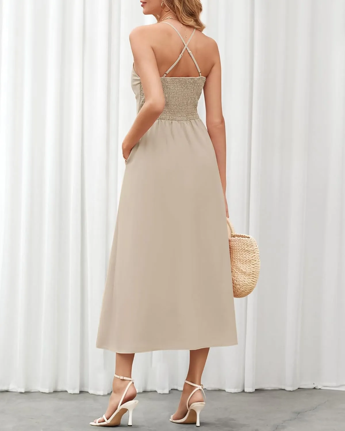 BTFBM Women 2025 Summer Spaghetti Strap Midi Dress Sleeveless V Neck Cutout Slit Casual Beach Party Maxi Dresses Pockets