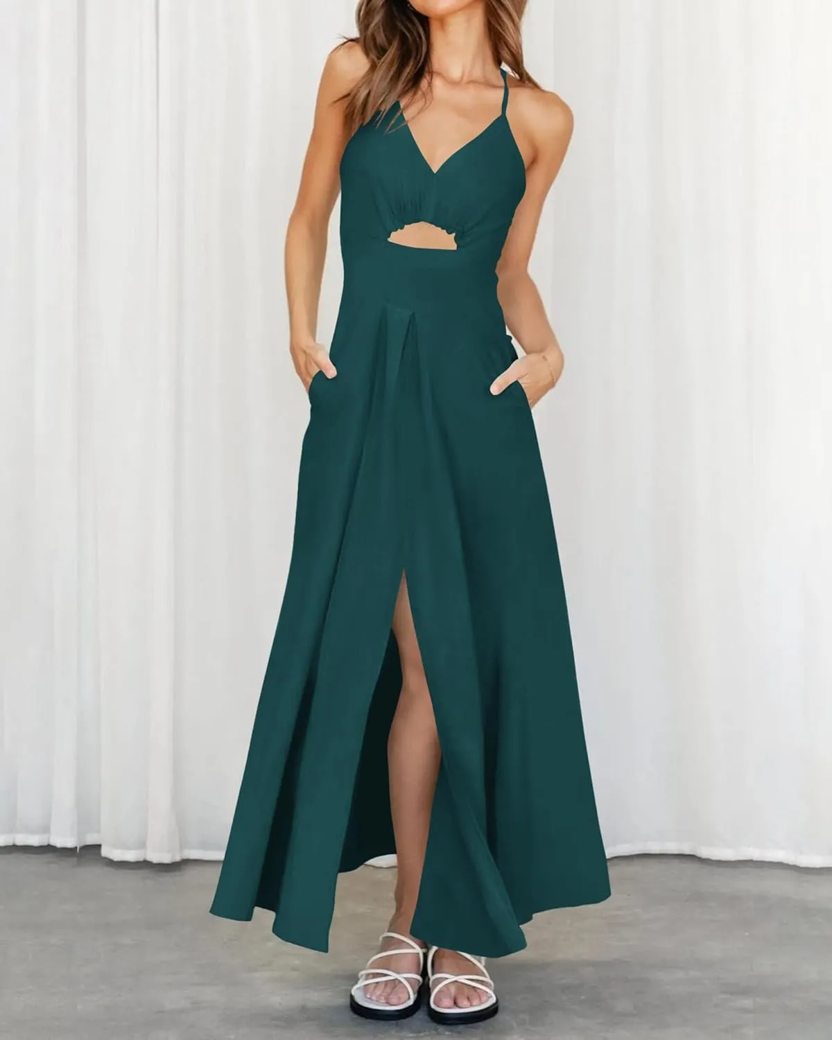 BTFBM Women 2025 Summer Spaghetti Strap Midi Dress Sleeveless V Neck Cutout Slit Casual Beach Party Maxi Dresses Pockets