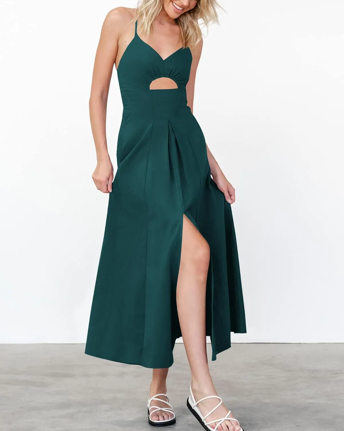 BTFBM Women 2025 Summer Spaghetti Strap Midi Dress Sleeveless V Neck Cutout Slit Casual Beach Party Maxi Dresses Pockets