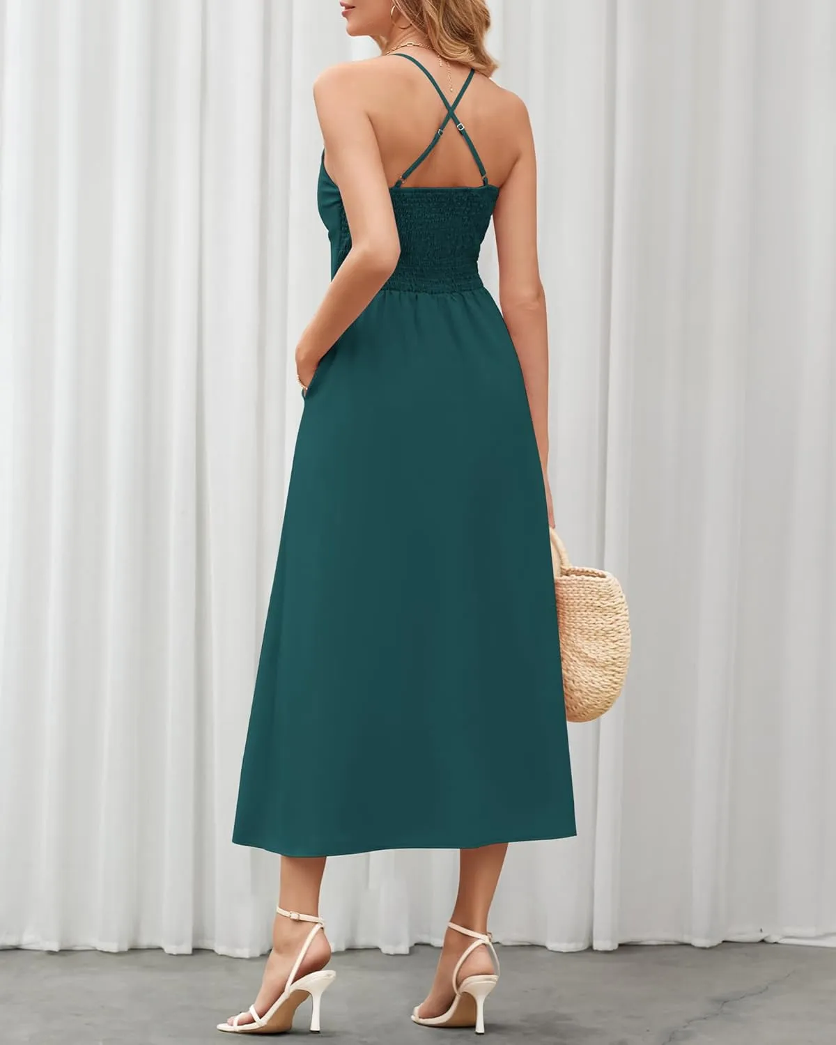 BTFBM Women 2025 Summer Spaghetti Strap Midi Dress Sleeveless V Neck Cutout Slit Casual Beach Party Maxi Dresses Pockets