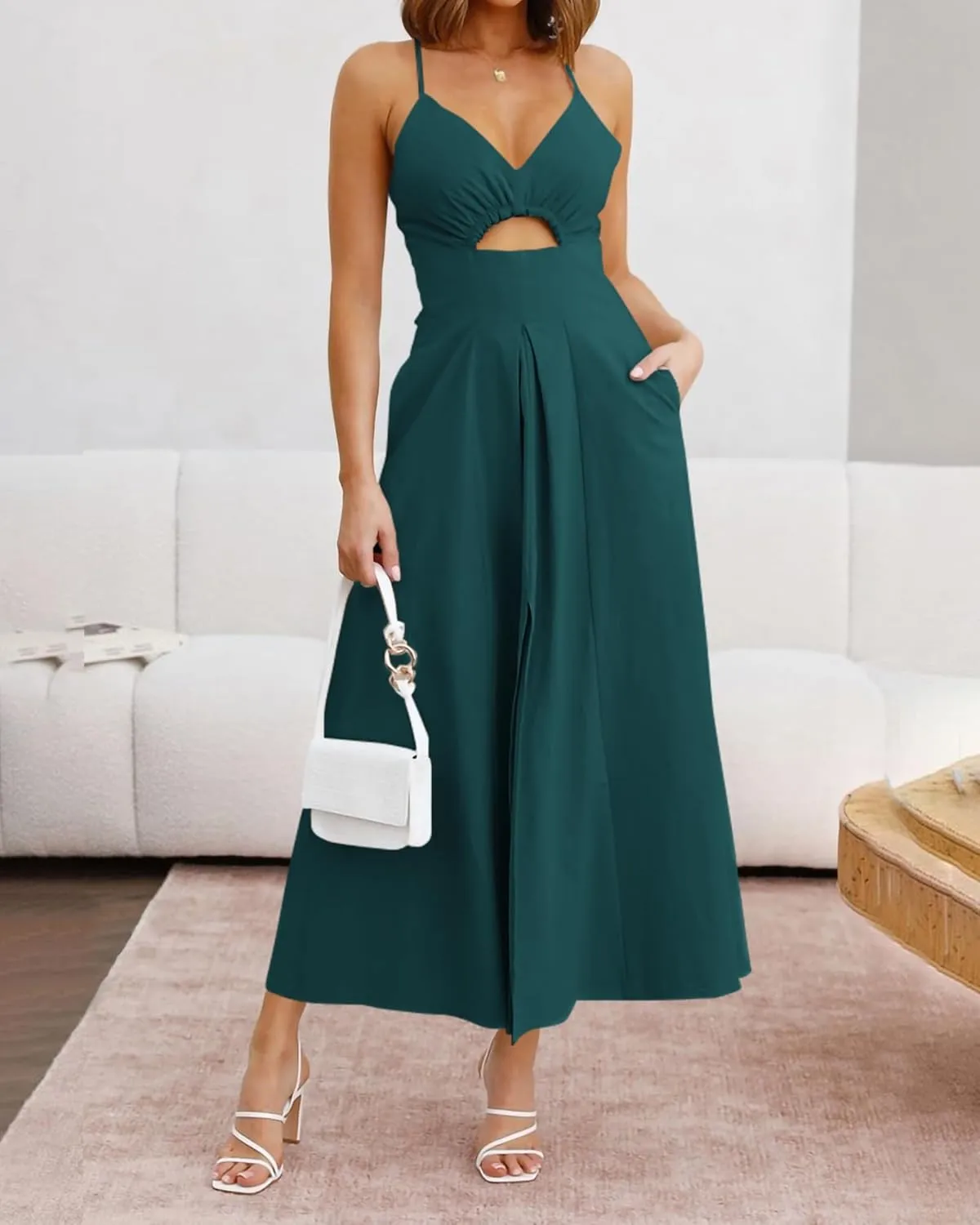 BTFBM Women 2025 Summer Spaghetti Strap Midi Dress Sleeveless V Neck Cutout Slit Casual Beach Party Maxi Dresses Pockets