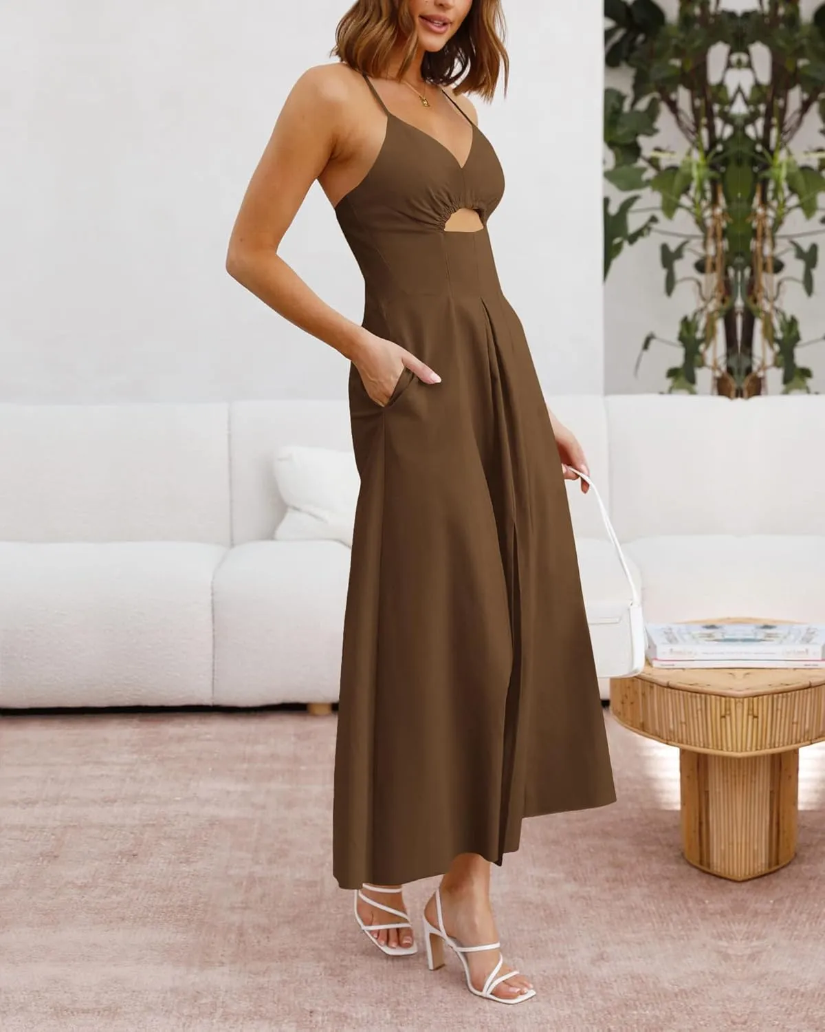 BTFBM Women 2025 Summer Spaghetti Strap Midi Dress Sleeveless V Neck Cutout Slit Casual Beach Party Maxi Dresses Pockets