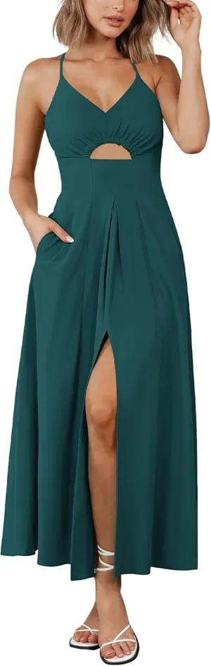 BTFBM Women 2025 Summer Spaghetti Strap Midi Dress Sleeveless V Neck Cutout Slit Casual Beach Party Maxi Dresses Pockets