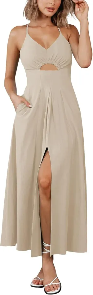 BTFBM Women 2025 Summer Spaghetti Strap Midi Dress Sleeveless V Neck Cutout Slit Casual Beach Party Maxi Dresses Pockets