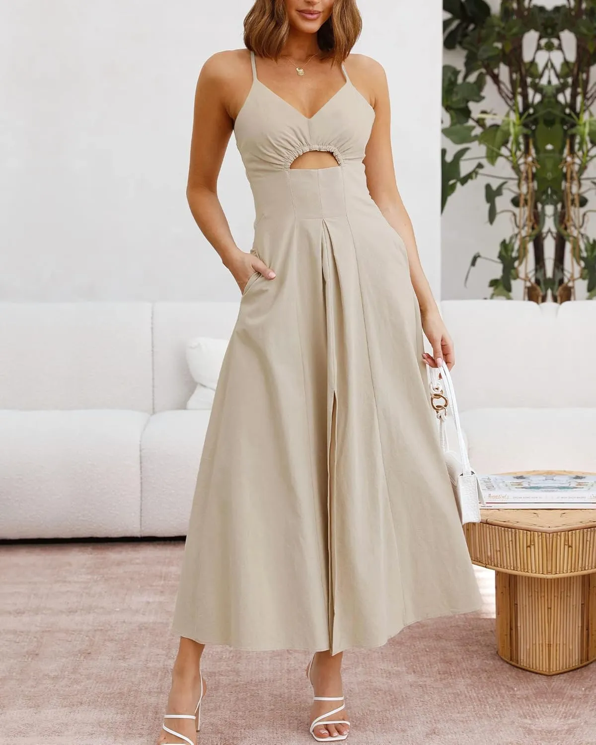 BTFBM Women 2025 Summer Spaghetti Strap Midi Dress Sleeveless V Neck Cutout Slit Casual Beach Party Maxi Dresses Pockets