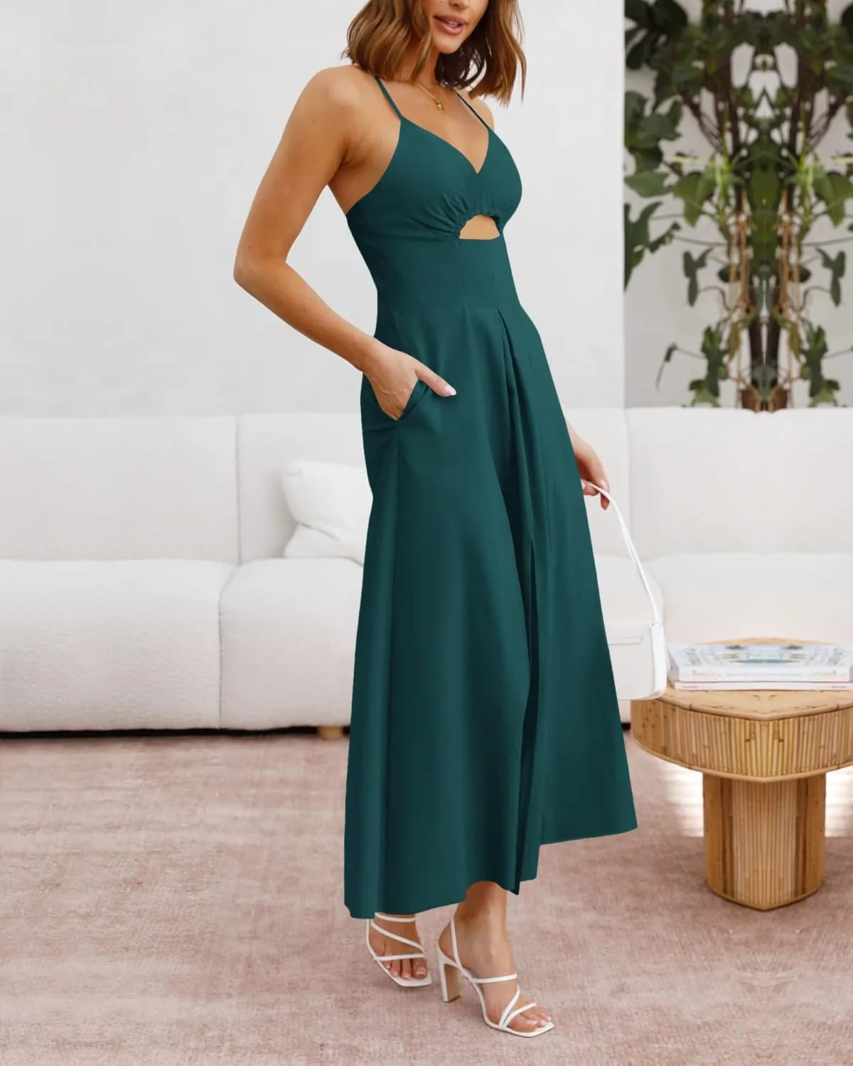 BTFBM Women 2025 Summer Spaghetti Strap Midi Dress Sleeveless V Neck Cutout Slit Casual Beach Party Maxi Dresses Pockets