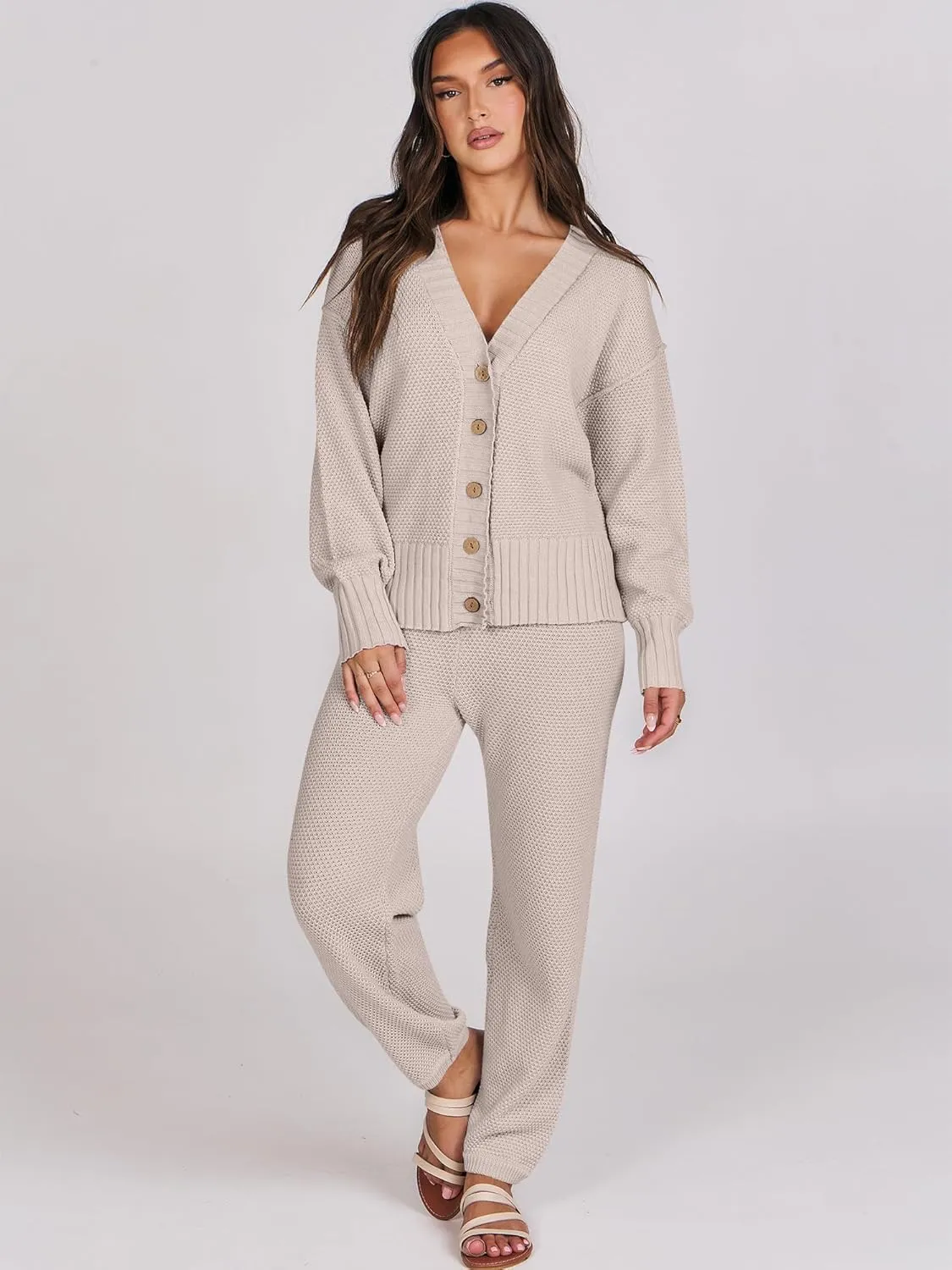 Caracilia Womens 2 Piece Outfits Lounge Set V Neck Cardigan Sweater Pants Sets Knit Matching Loungewear 2024 Fall Clothes
