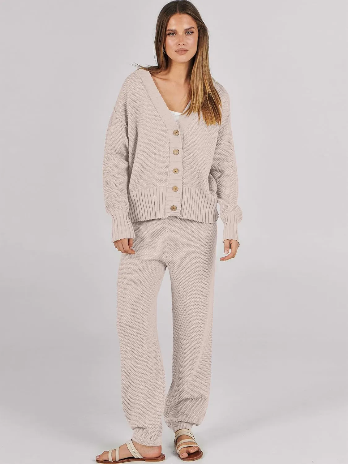 Caracilia Womens 2 Piece Outfits Lounge Set V Neck Cardigan Sweater Pants Sets Knit Matching Loungewear 2024 Fall Clothes