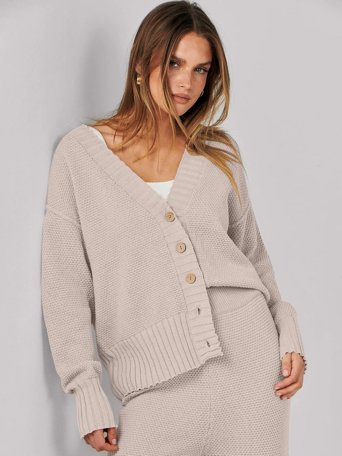 Caracilia Womens 2 Piece Outfits Lounge Set V Neck Cardigan Sweater Pants Sets Knit Matching Loungewear 2024 Fall Clothes
