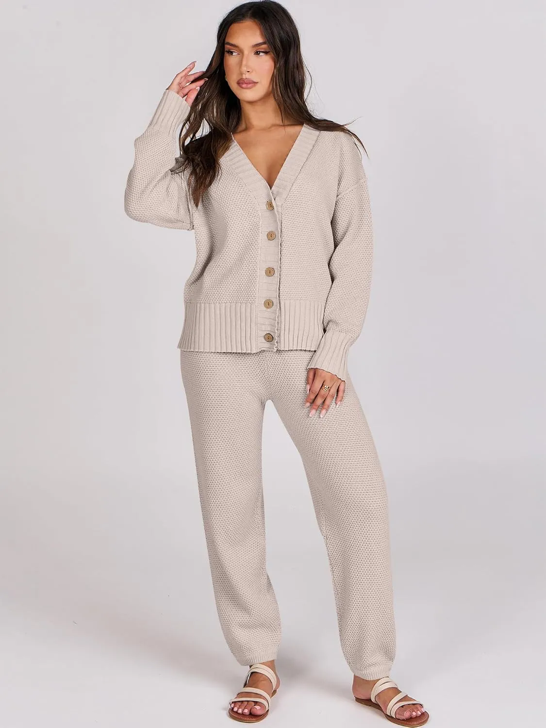 Caracilia Womens 2 Piece Outfits Lounge Set V Neck Cardigan Sweater Pants Sets Knit Matching Loungewear 2024 Fall Clothes