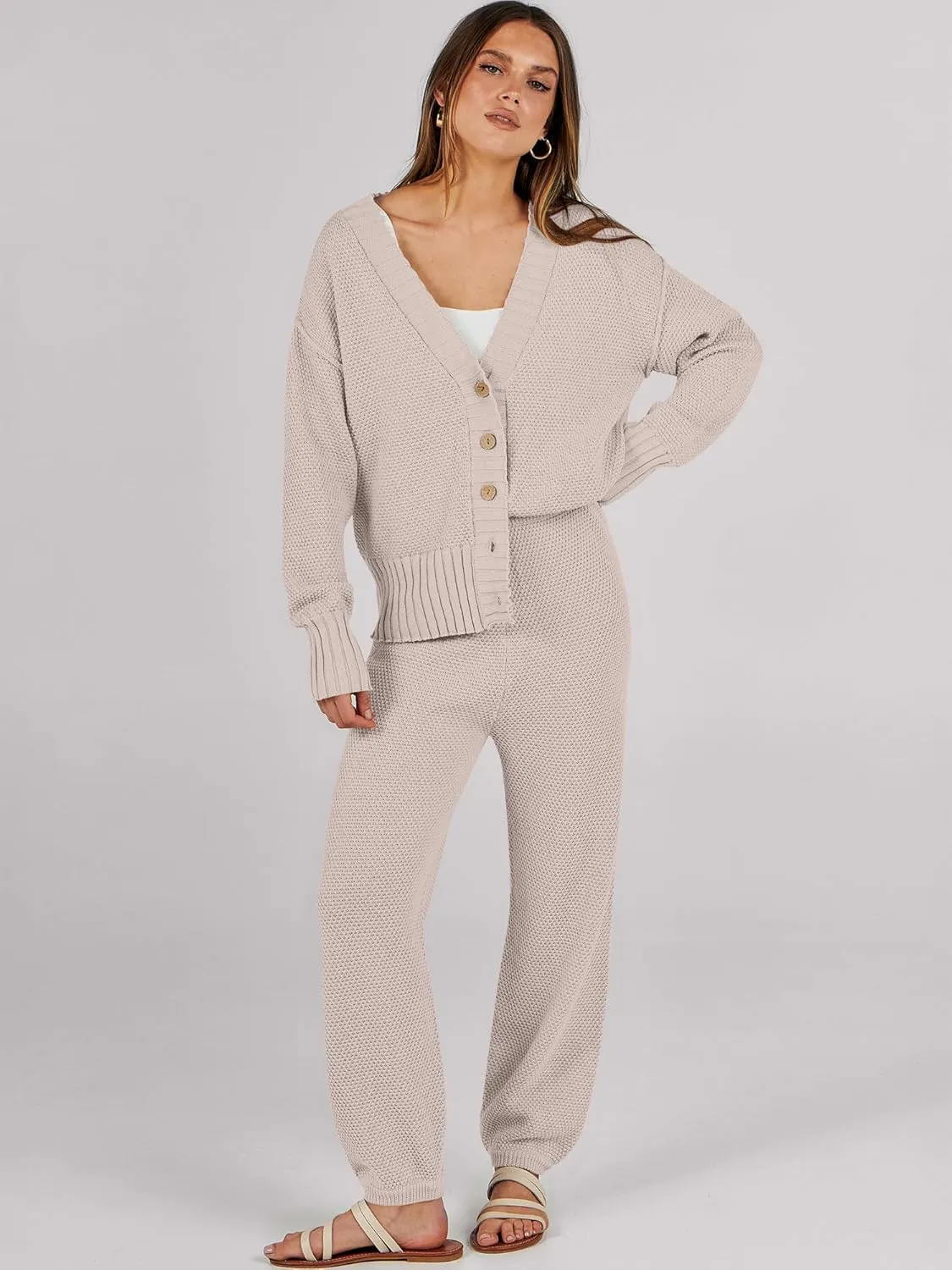 Caracilia Womens 2 Piece Outfits Lounge Set V Neck Cardigan Sweater Pants Sets Knit Matching Loungewear 2024 Fall Clothes