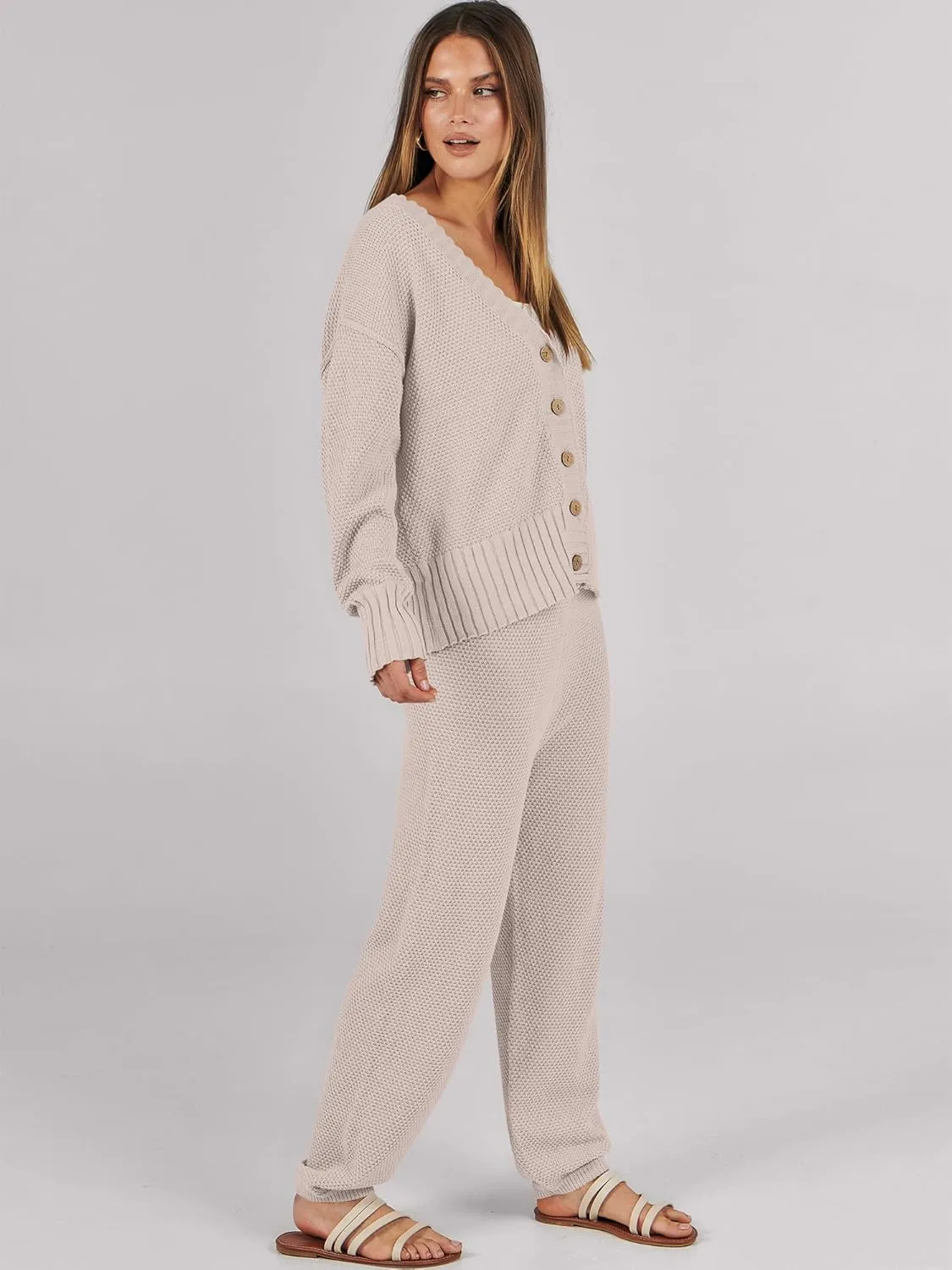 Caracilia Womens 2 Piece Outfits Lounge Set V Neck Cardigan Sweater Pants Sets Knit Matching Loungewear 2024 Fall Clothes