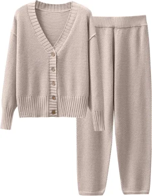 Caracilia Womens 2 Piece Outfits Lounge Set V Neck Cardigan Sweater Pants Sets Knit Matching Loungewear 2024 Fall Clothes