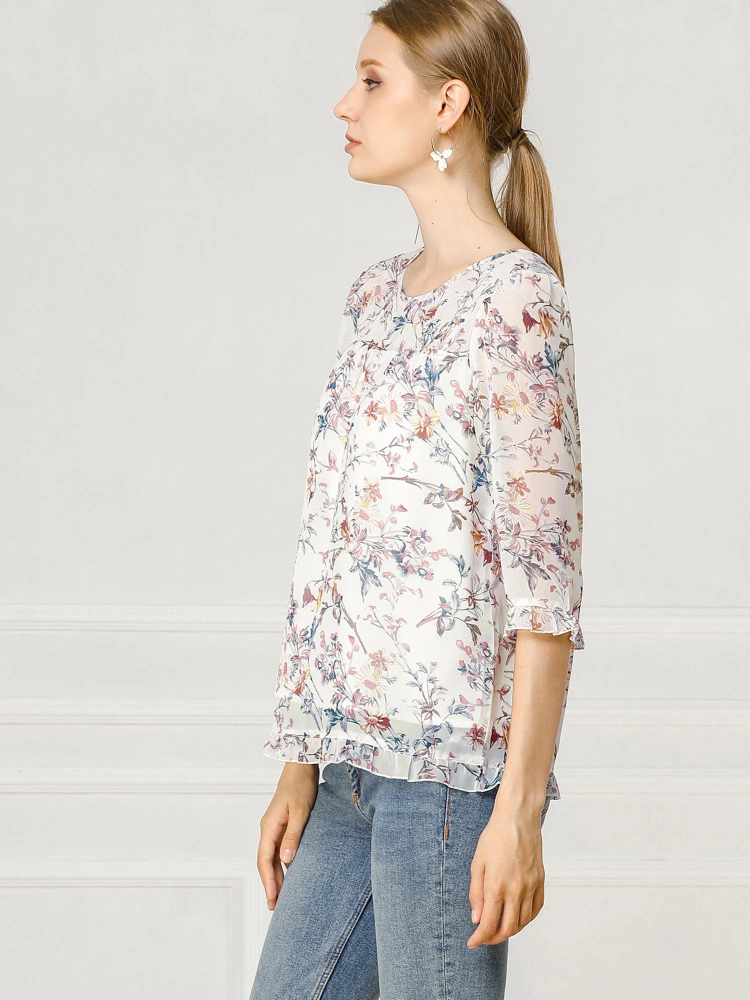 Casual Ruffle 3/4 Sleeve Floral Print Chiffon Blouse