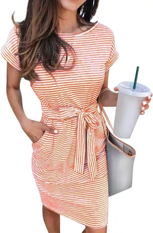 Cotton T Shirt Dresses for Women 2024 Cute Striped Summer Dress Tie Waist Casual Sun Dresses with Pockets