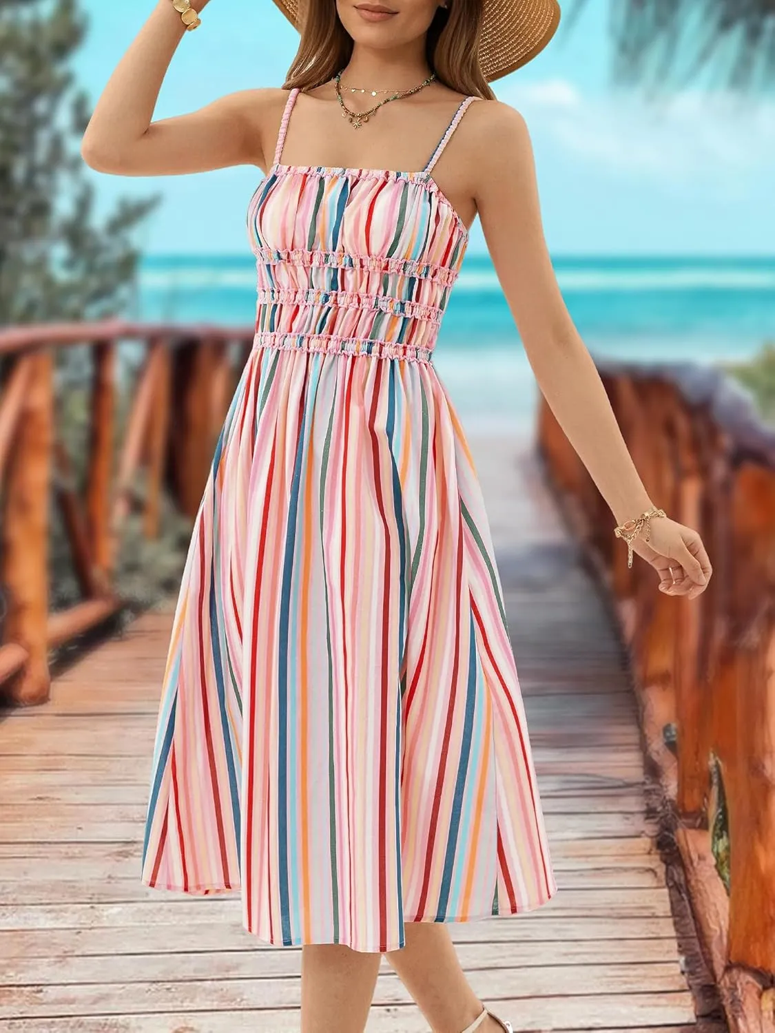DIRASS 100% Cotton Dress for Women 2025 Summer Vacation Beach Smocked Midi Dress