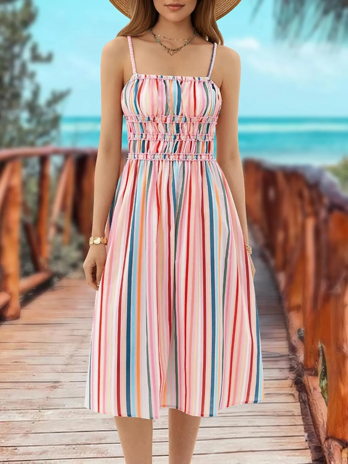 DIRASS 100% Cotton Dress for Women 2025 Summer Vacation Beach Smocked Midi Dress