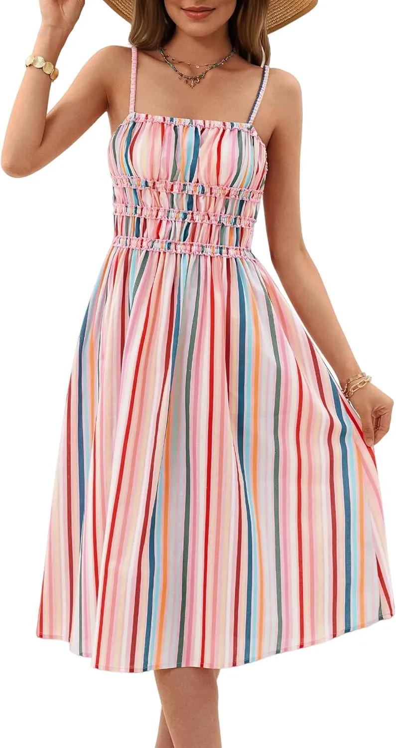 DIRASS 100% Cotton Dress for Women 2025 Summer Vacation Beach Smocked Midi Dress
