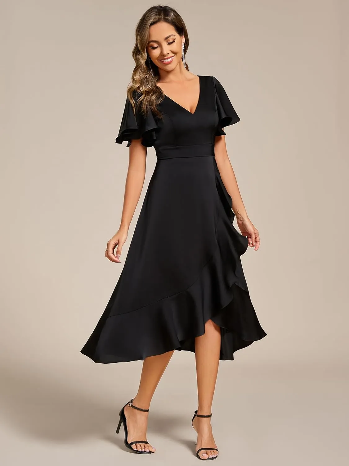 Ever-Pretty Women's V Neck Satin Short Sleeve A Line Hi-Lo Midi Asymmetry Hem Bridesmaid Dress 02318