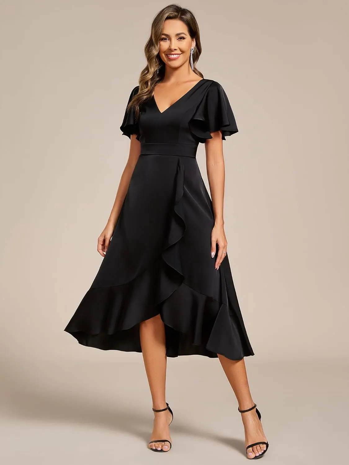Ever-Pretty Women's V Neck Satin Short Sleeve A Line Hi-Lo Midi Asymmetry Hem Bridesmaid Dress 02318