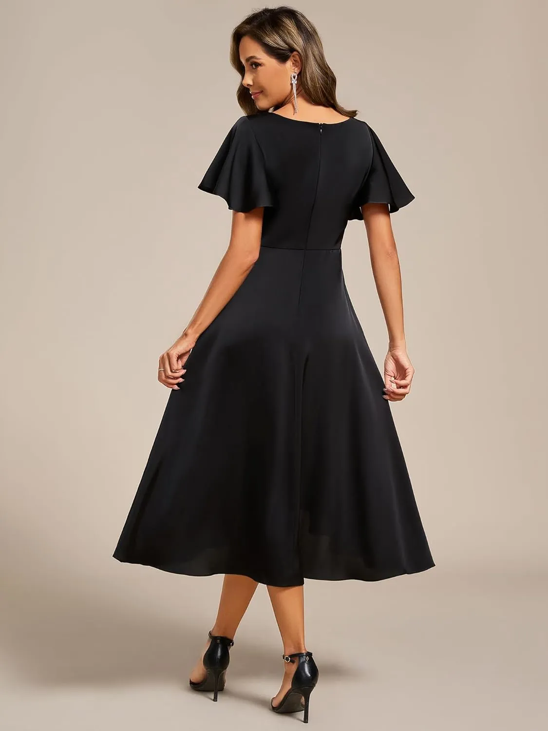 Ever-Pretty Women's V Neck Satin Short Sleeve A Line Hi-Lo Midi Asymmetry Hem Bridesmaid Dress 02318
