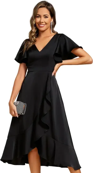 Ever-Pretty Women's V Neck Satin Short Sleeve A Line Hi-Lo Midi Asymmetry Hem Bridesmaid Dress 02318