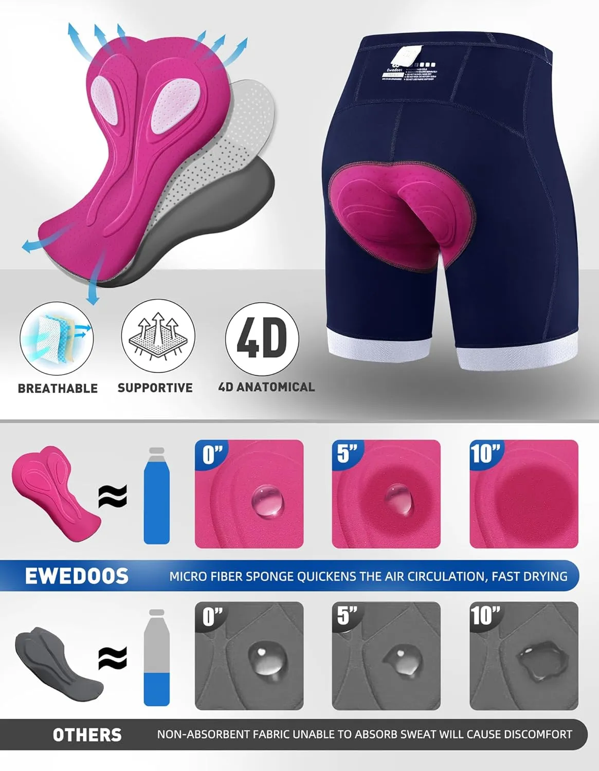 Ewedoos Padded Bike Shorts Women 4D Padding Cycling Shorts with Pocket Road Mountain Ride Womens Biking Bicycle Biker Shorts