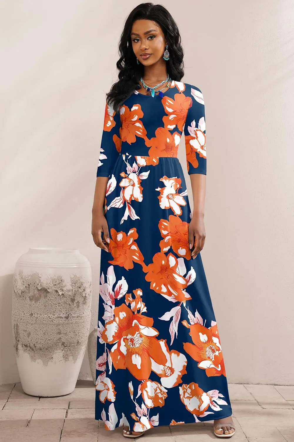 FANDEE Maxi Dress for Women 3/4 Sleeve Crew Neck Empire Waist Casual Dress with Pockets