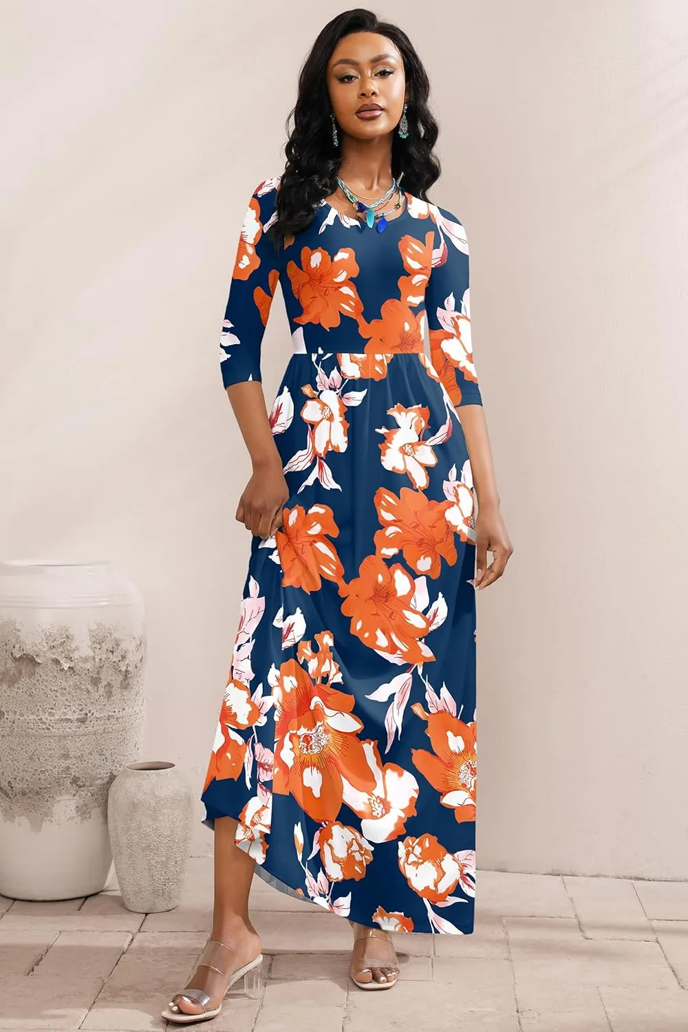 FANDEE Maxi Dress for Women 3/4 Sleeve Crew Neck Empire Waist Casual Dress with Pockets