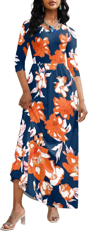 FANDEE Maxi Dress for Women 3/4 Sleeve Crew Neck Empire Waist Casual Dress with Pockets