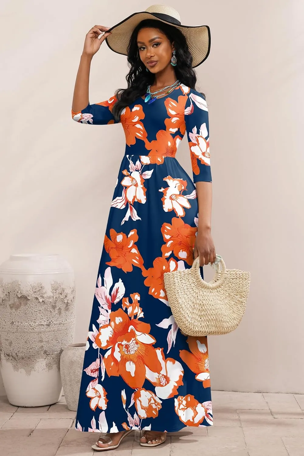 FANDEE Maxi Dress for Women 3/4 Sleeve Crew Neck Empire Waist Casual Dress with Pockets