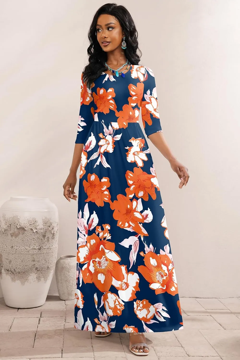 FANDEE Maxi Dress for Women 3/4 Sleeve Crew Neck Empire Waist Casual Dress with Pockets