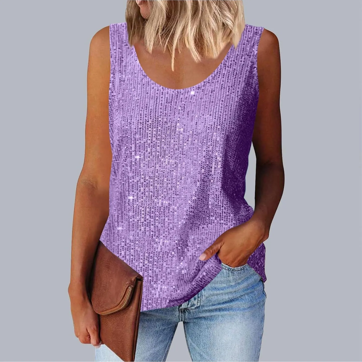 Finelylove Sequin Tops for Women 2025 Sleeveless Sparkly Glitter Tank Tops Blouses Shimmer Disco Club Party Concert Outfits