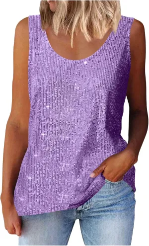 Finelylove Sequin Tops for Women 2025 Sleeveless Sparkly Glitter Tank Tops Blouses Shimmer Disco Club Party Concert Outfits