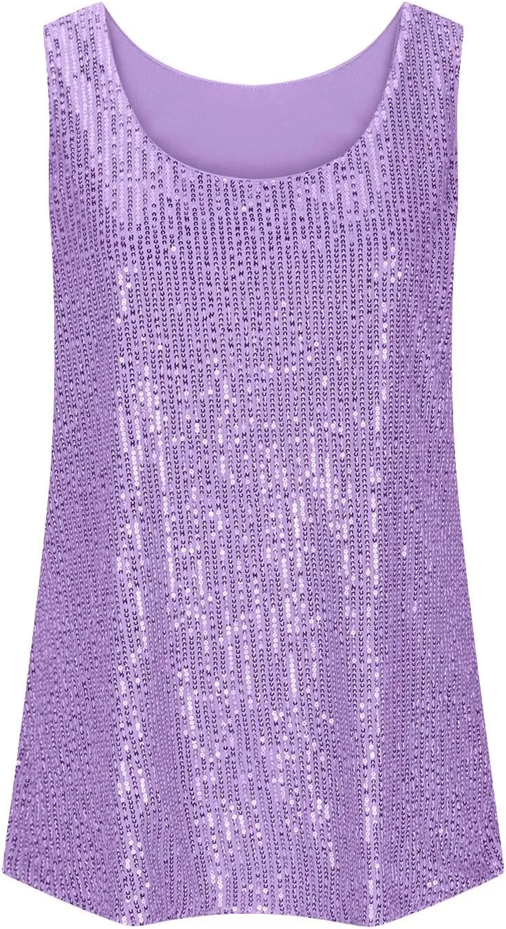 Finelylove Sequin Tops for Women 2025 Sleeveless Sparkly Glitter Tank Tops Blouses Shimmer Disco Club Party Concert Outfits
