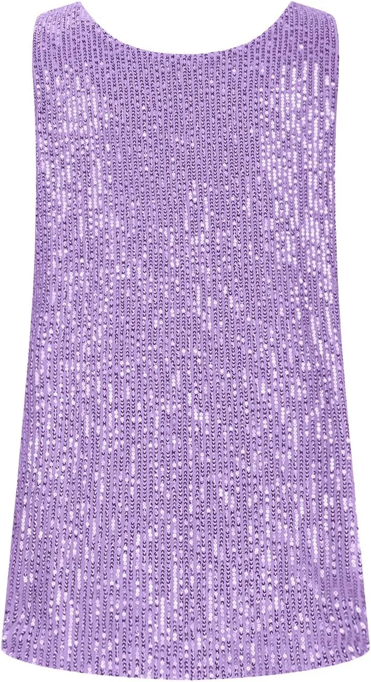 Finelylove Sequin Tops for Women 2025 Sleeveless Sparkly Glitter Tank Tops Blouses Shimmer Disco Club Party Concert Outfits