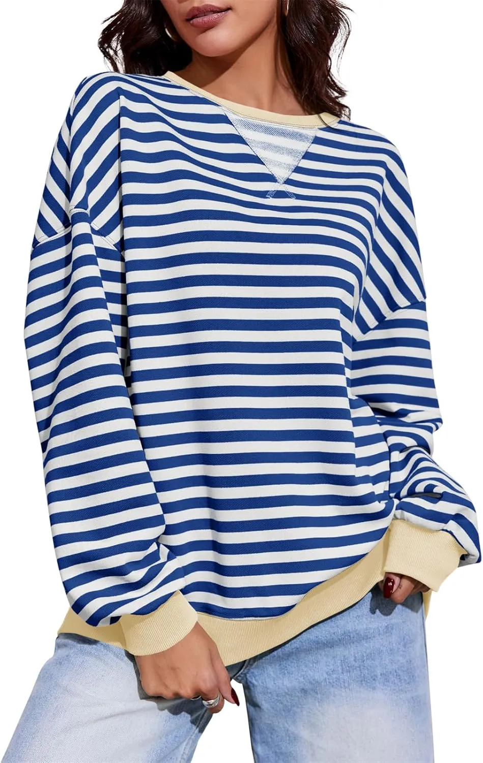 Fisoew Womens Striped Oversized Sweatshirt Color Block Crew Neck Long Sleeve Shirt Casual Loose Pullover Top Y2K Clothes