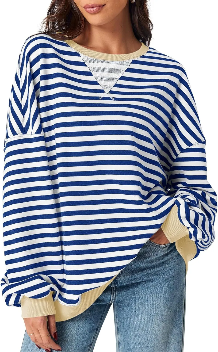 Fisoew Womens Striped Oversized Sweatshirt Color Block Crew Neck Long Sleeve Shirt Casual Loose Pullover Top Y2K Clothes