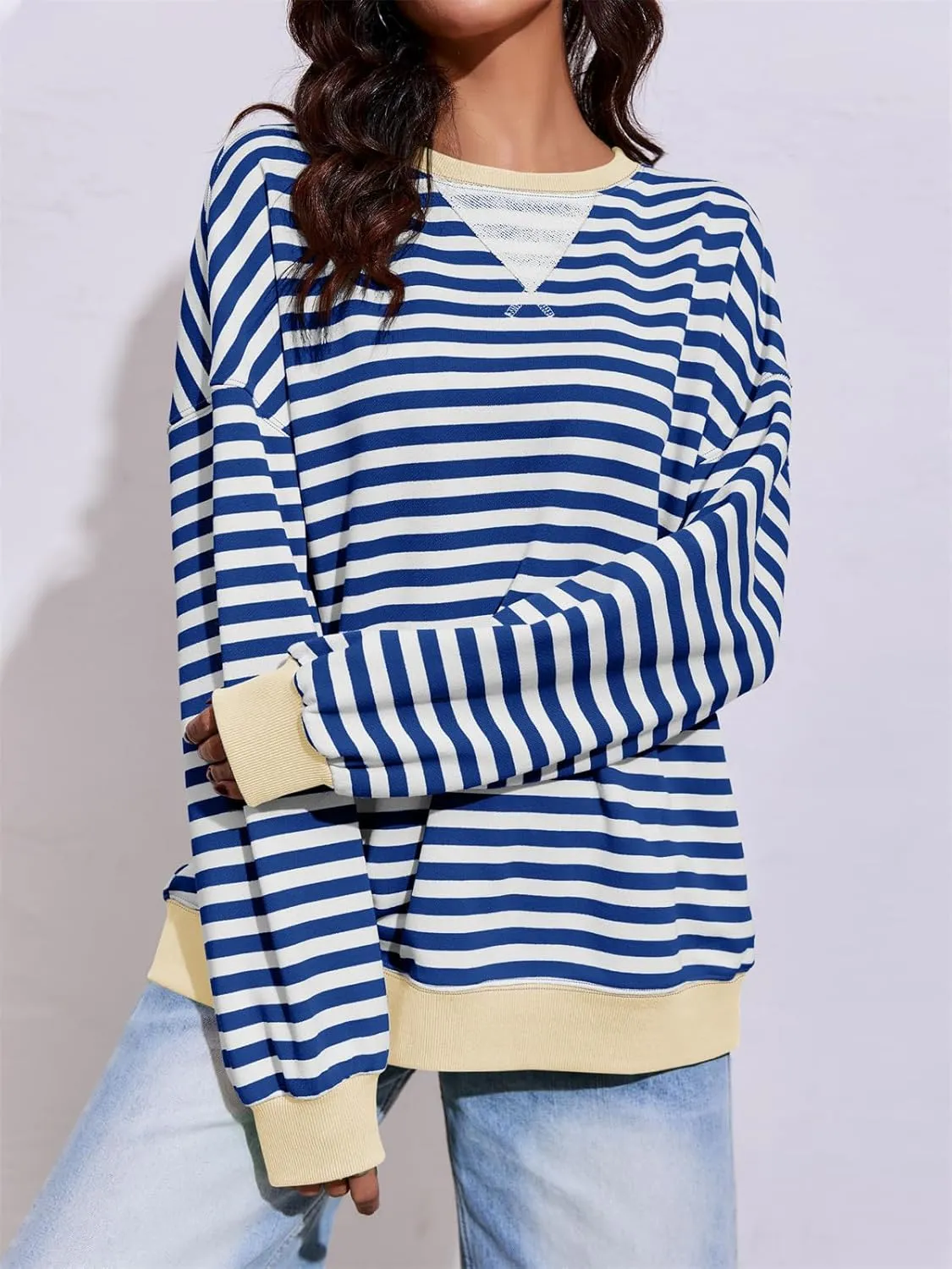 Fisoew Womens Striped Oversized Sweatshirt Color Block Crew Neck Long Sleeve Shirt Casual Loose Pullover Top Y2K Clothes