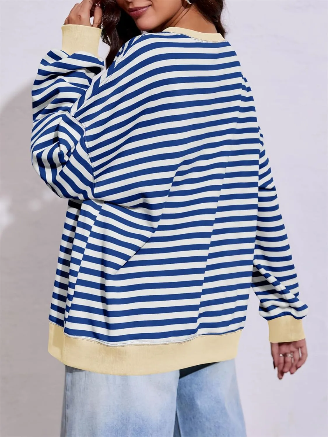 Fisoew Womens Striped Oversized Sweatshirt Color Block Crew Neck Long Sleeve Shirt Casual Loose Pullover Top Y2K Clothes