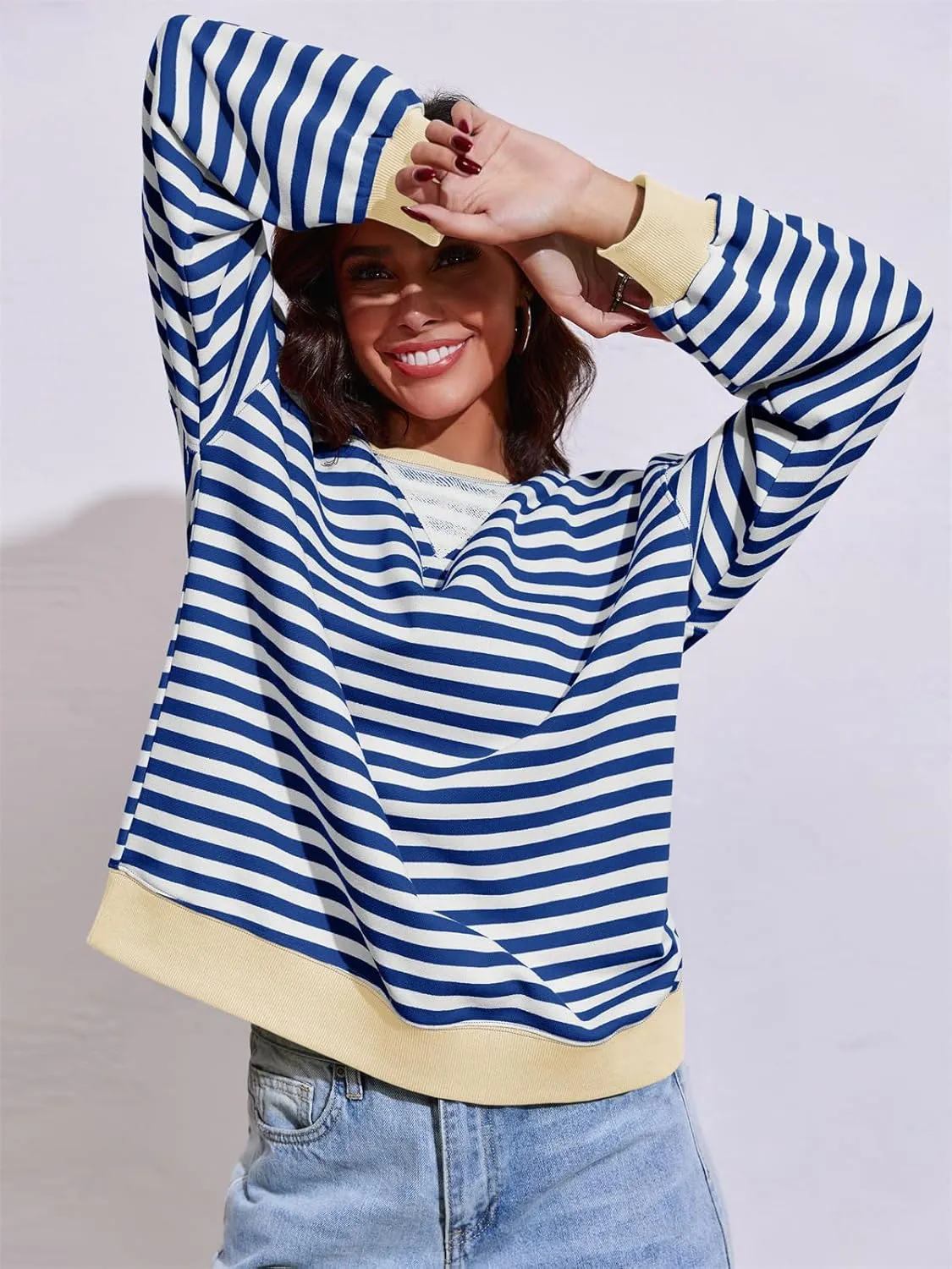Fisoew Womens Striped Oversized Sweatshirt Color Block Crew Neck Long Sleeve Shirt Casual Loose Pullover Top Y2K Clothes