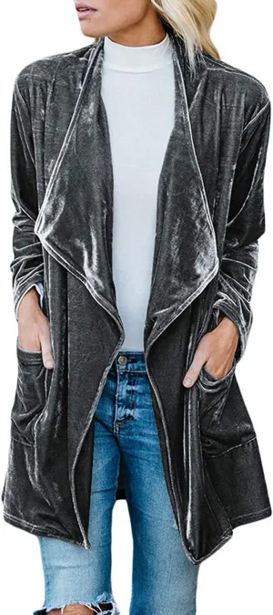 futurino Women's Solid Long Sleeve Velvet Jacket Open Front Cardigan Coat with Pockets Outerwear
